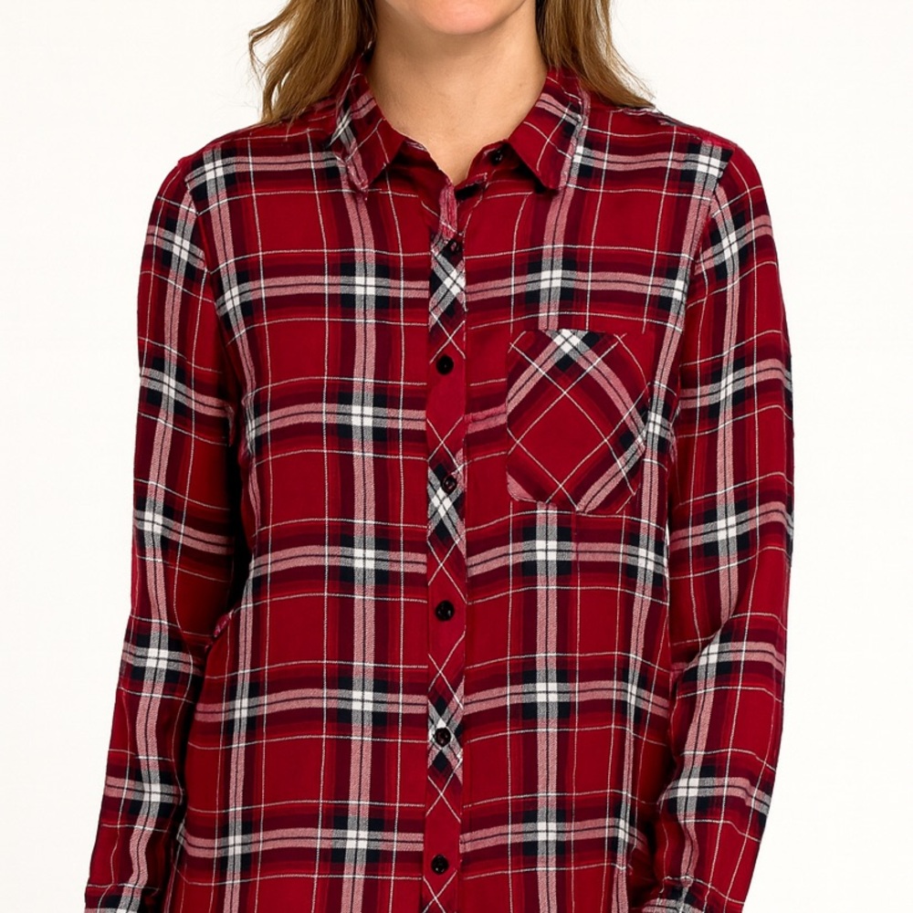 BeachLunchLounge Red White Black Plaid Rayon Collared Button Up Shirt XL NWT